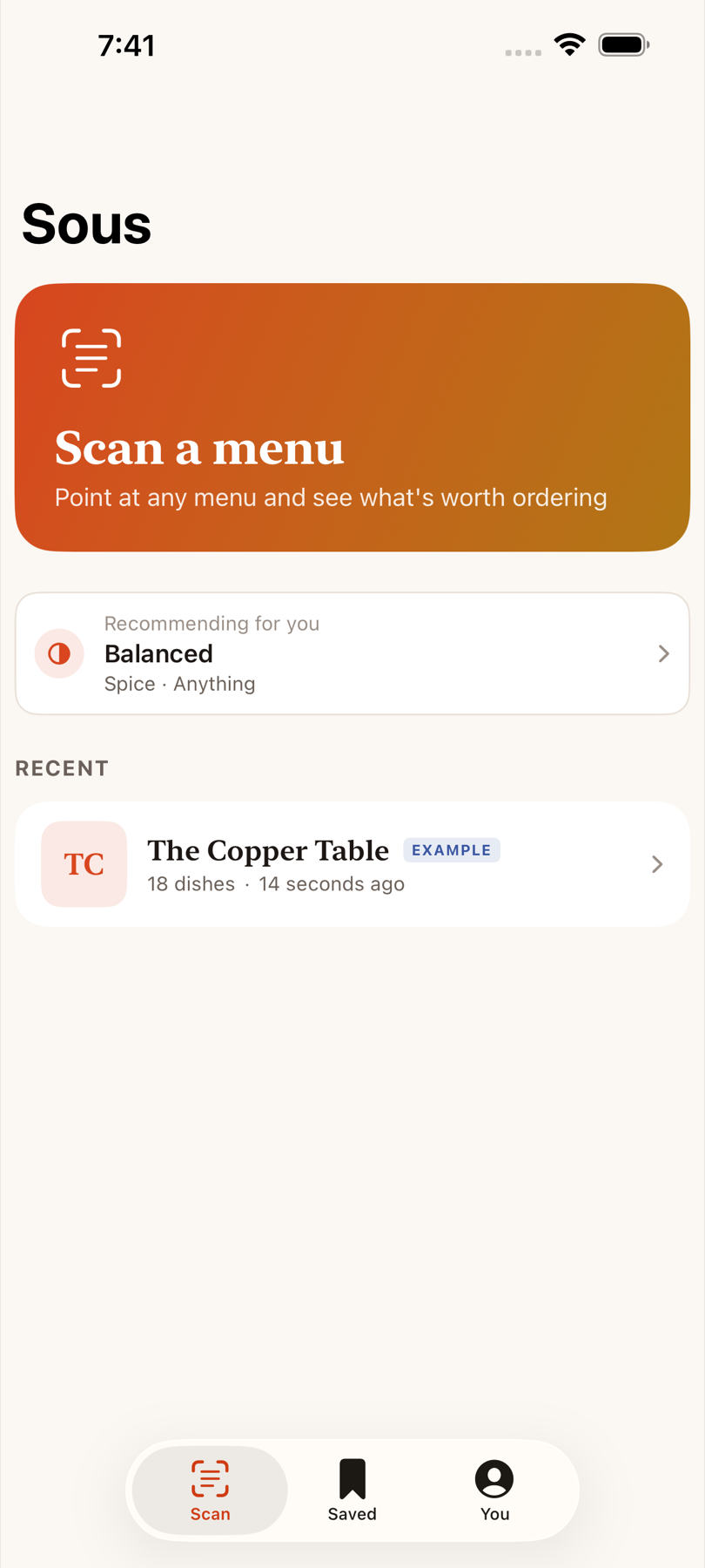 The Sous home screen, with a Scan a menu card and a recent scan.