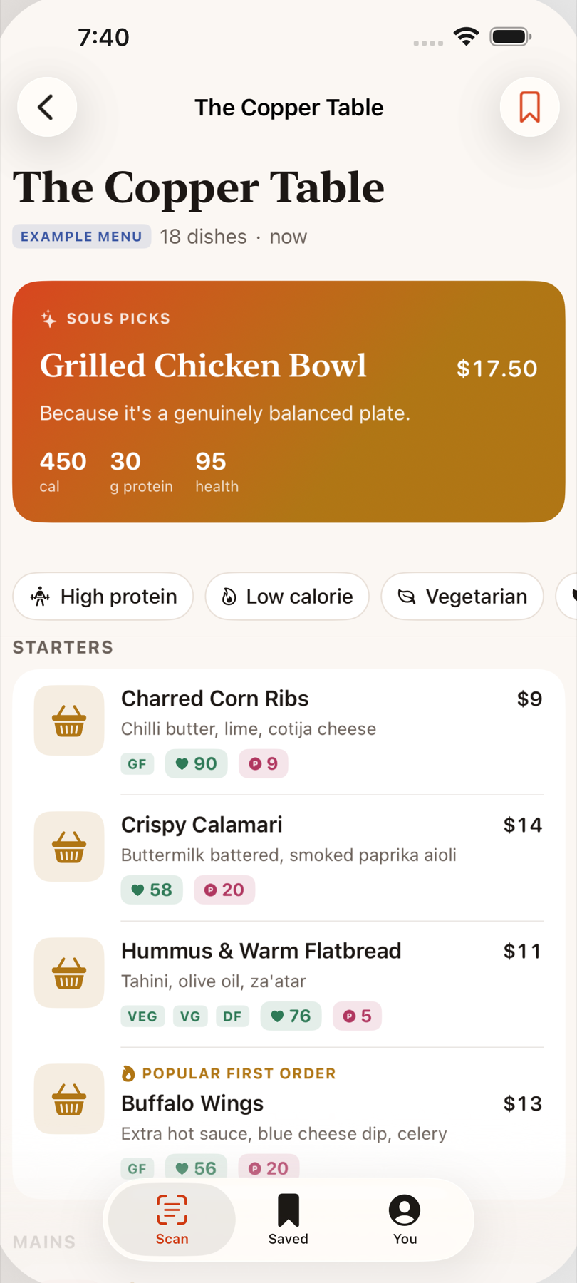 A scanned menu with a top pick, filters, and a health and protein score on every dish.